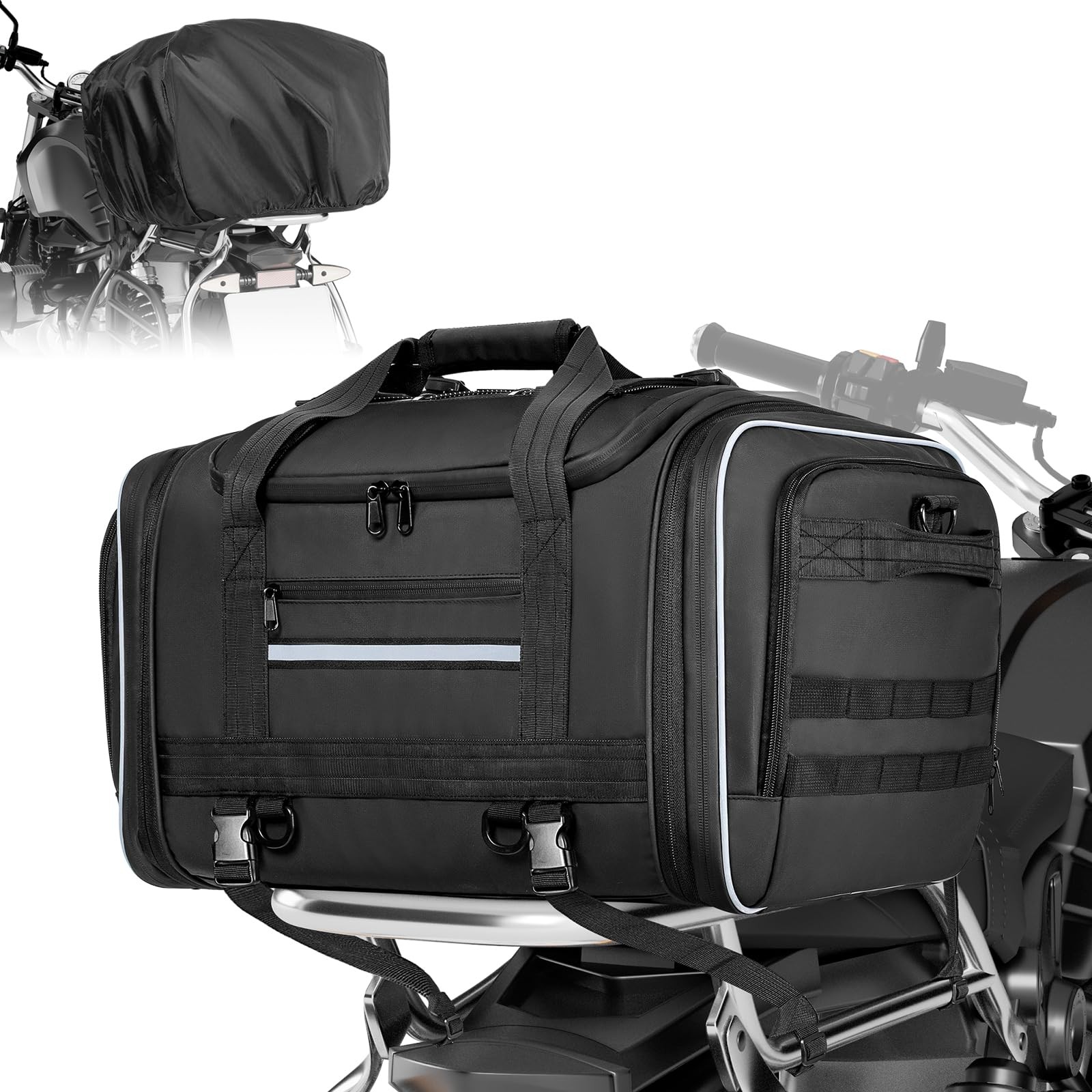 Waterproof Motorcycle Tail Luggage Bag, 48L-64L Expandable, a Rain Cover Incl…