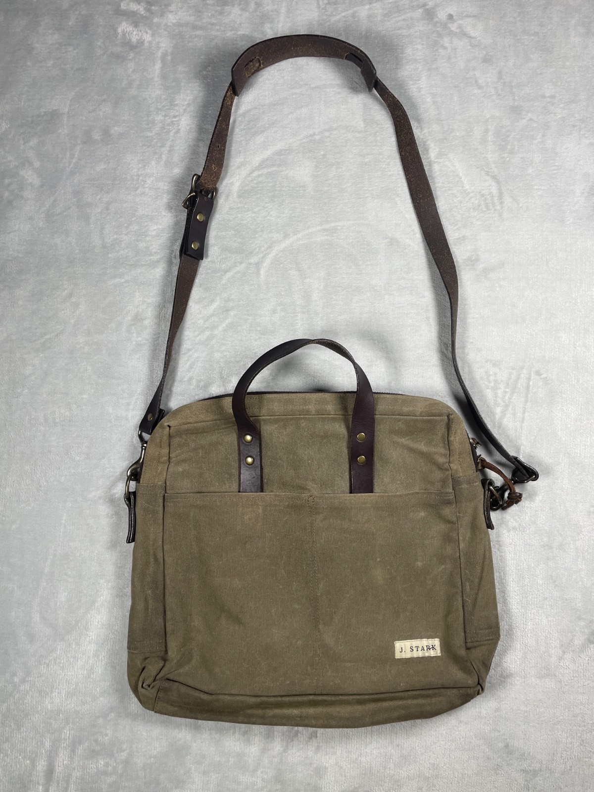 J. Stark Waxed Canvas Briefcase Messenger Bag Olive Brown Leather Strap USA