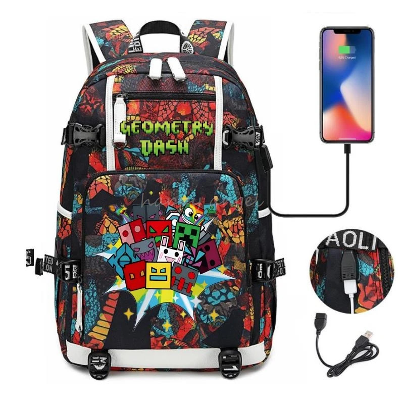 Geometry* Dash Printing Backpack Usb Charge School Bag Student Bookbag Backpacks