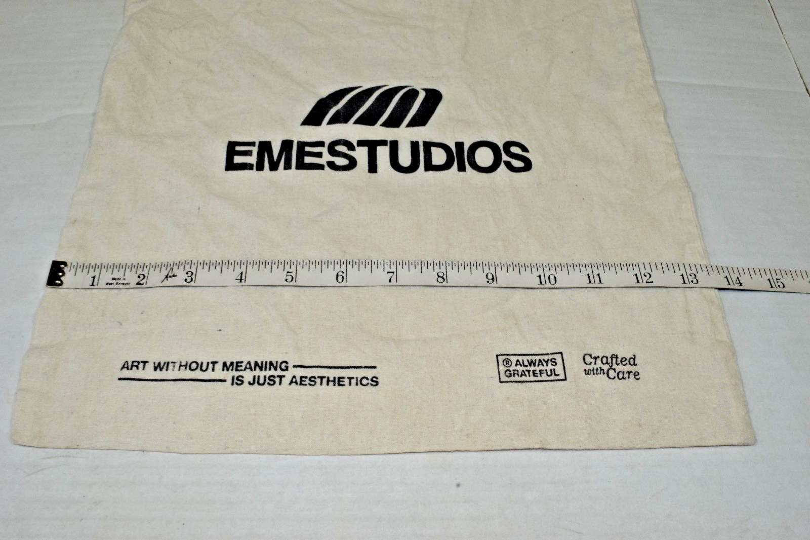 EME Studios Streetwear Tote Bag Printed Logo Ultra Thin Ivory Cotton 14.5X13.5In