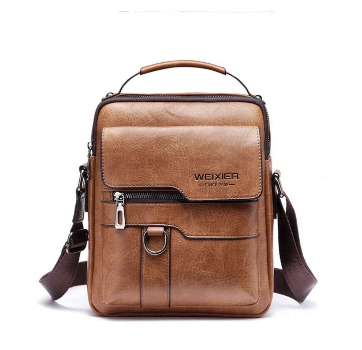 Men’s Brown Messenger Bag Zip Closure Adjustable Crossbody Strap