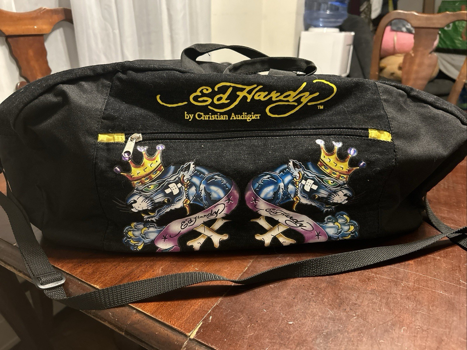 Ed Hardy Double Panther Duffle Bag Gym Y2k Tattoo Style Black Red Lining