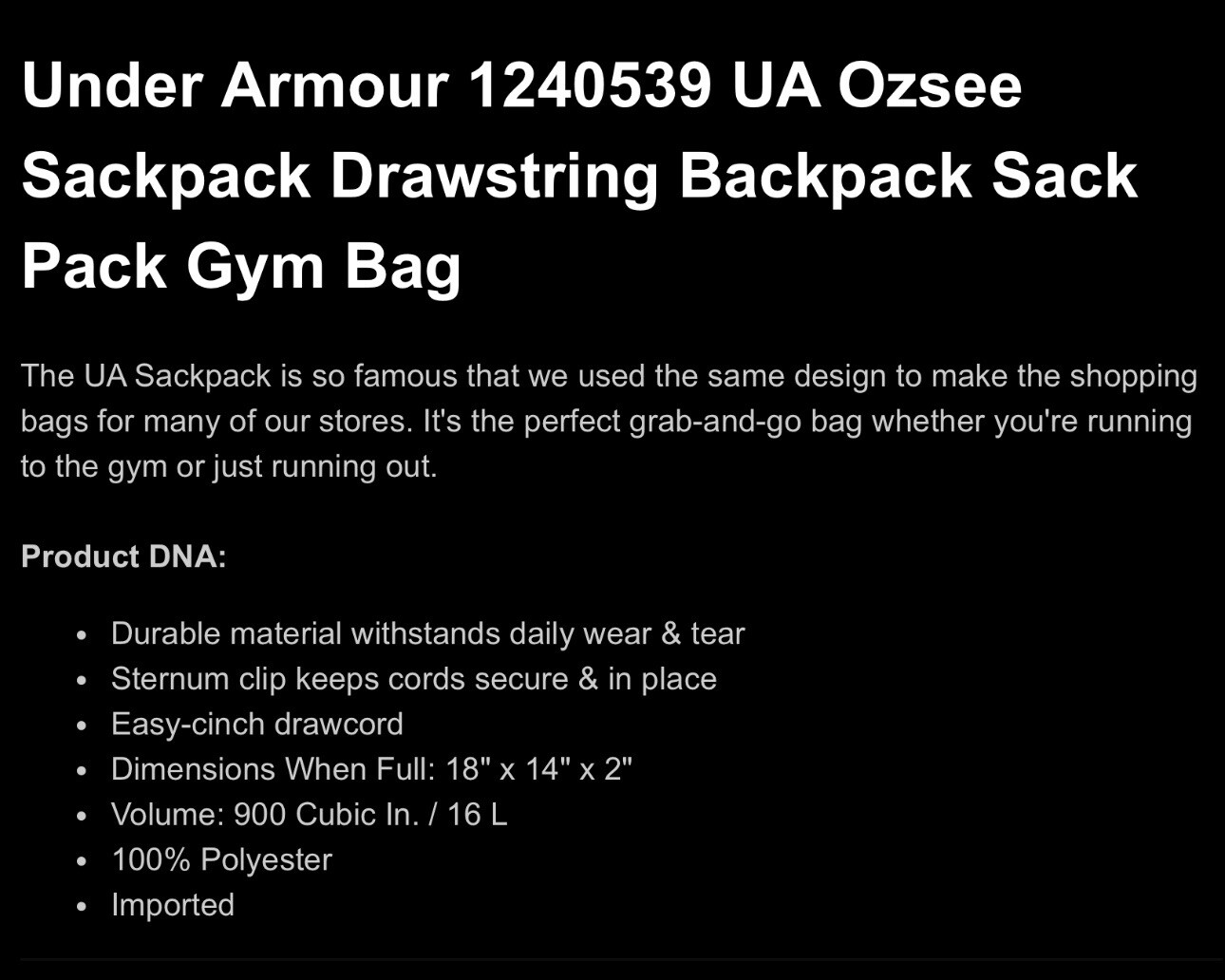 Under Armour 1240539 UA Ozsee Sackpack Drawstring Backpack Sack Pack Gym Bag NEW