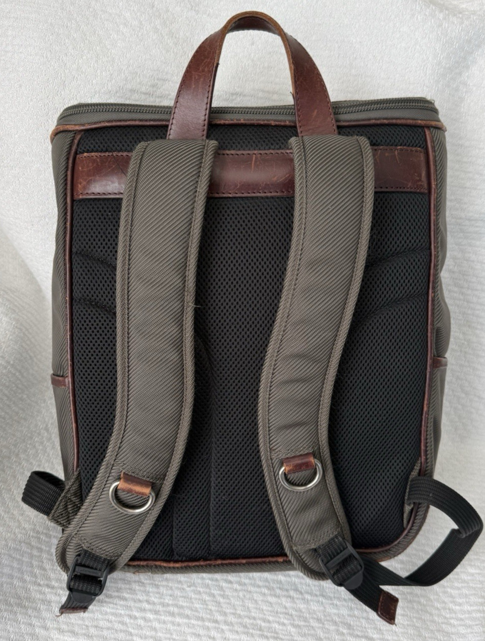 Filson Utilitarian Backpack Olive Green Brown Leather Trim Laptop Travel Bag