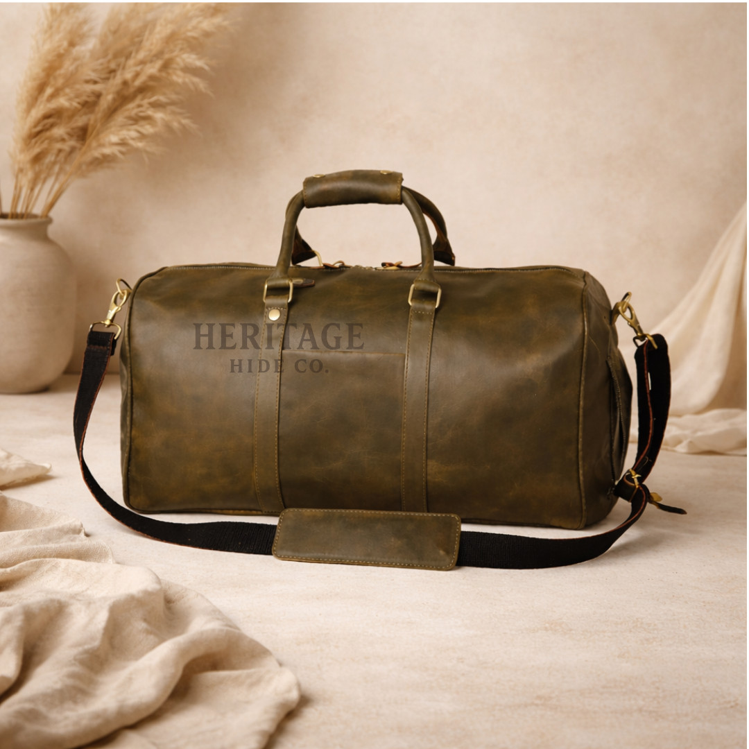 Dark Olive Full Grain Leather Duffle Bag For Travel,Gym,Leather Bag For Men