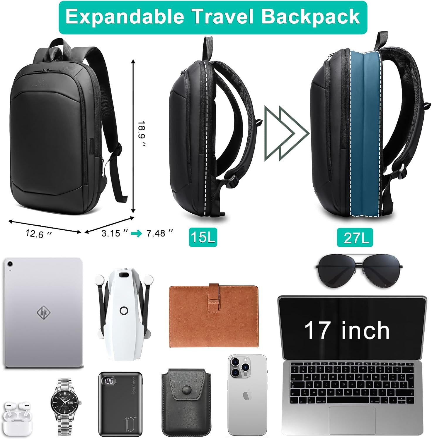 Business Backpack for Men 17 Inch,Slim & Expandable Waterproof Travel Laptop Bac