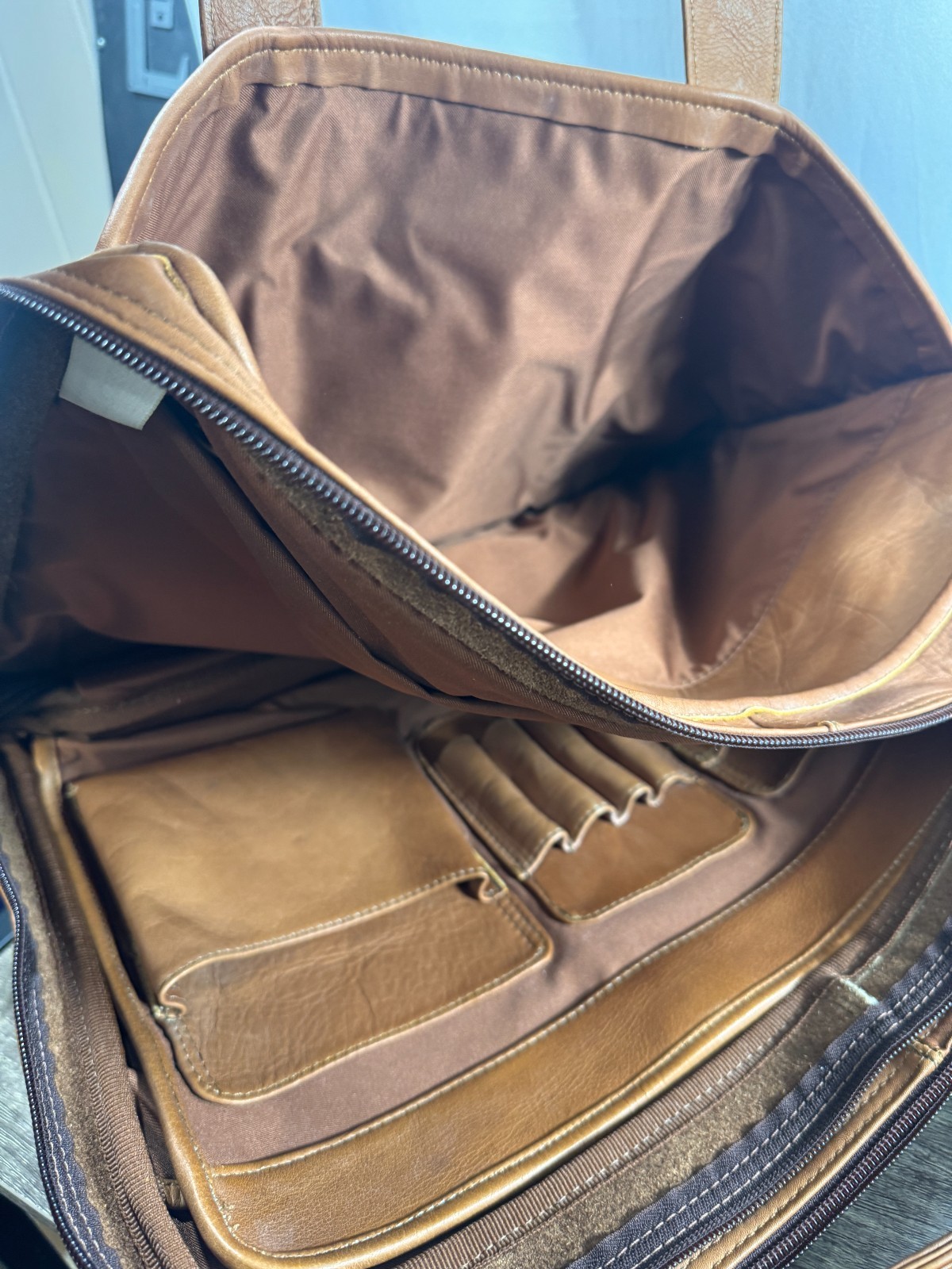 Vintage Cognac Leather Briefcase Messenger Bag Made in Colombia Multi Pocket Lap