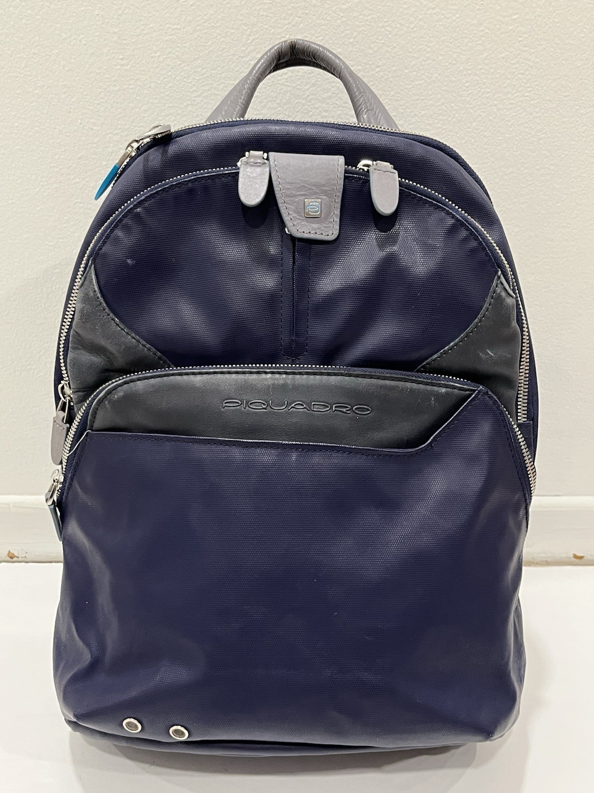 Piquadro Coleos Small Leather Laptop Backpack Purple-Blue Gray with Rain Cover