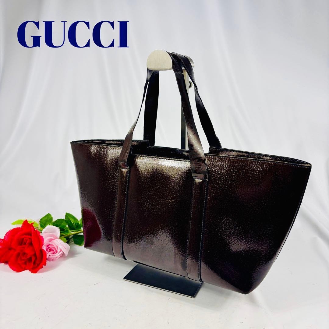 GUCCI Old Gucci Tote Bag Patent Leather Brown