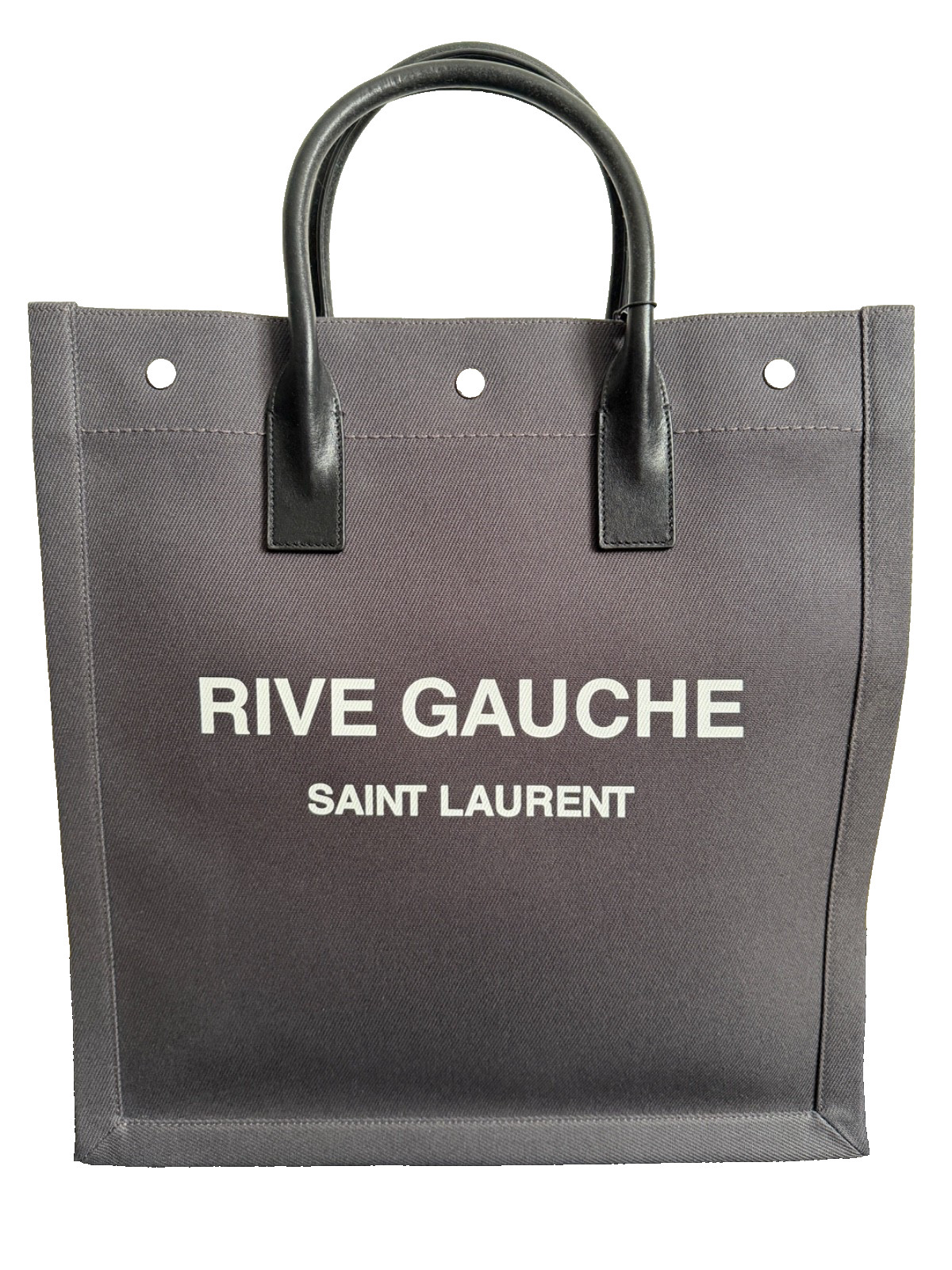 NWT Saint Laurent YSL Rive Gauche Gray Canvas Logo Black Leather Tote Bag $2950