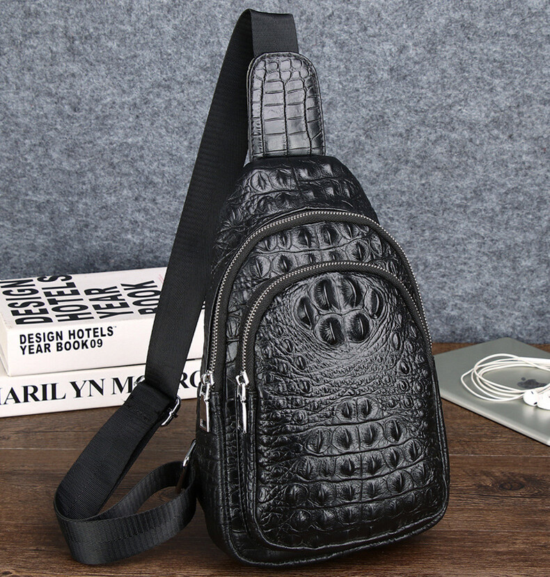 Genuine Leather Sling Backpack, Crocodile Pattern Men‘s Crossbody Shoulder Bag