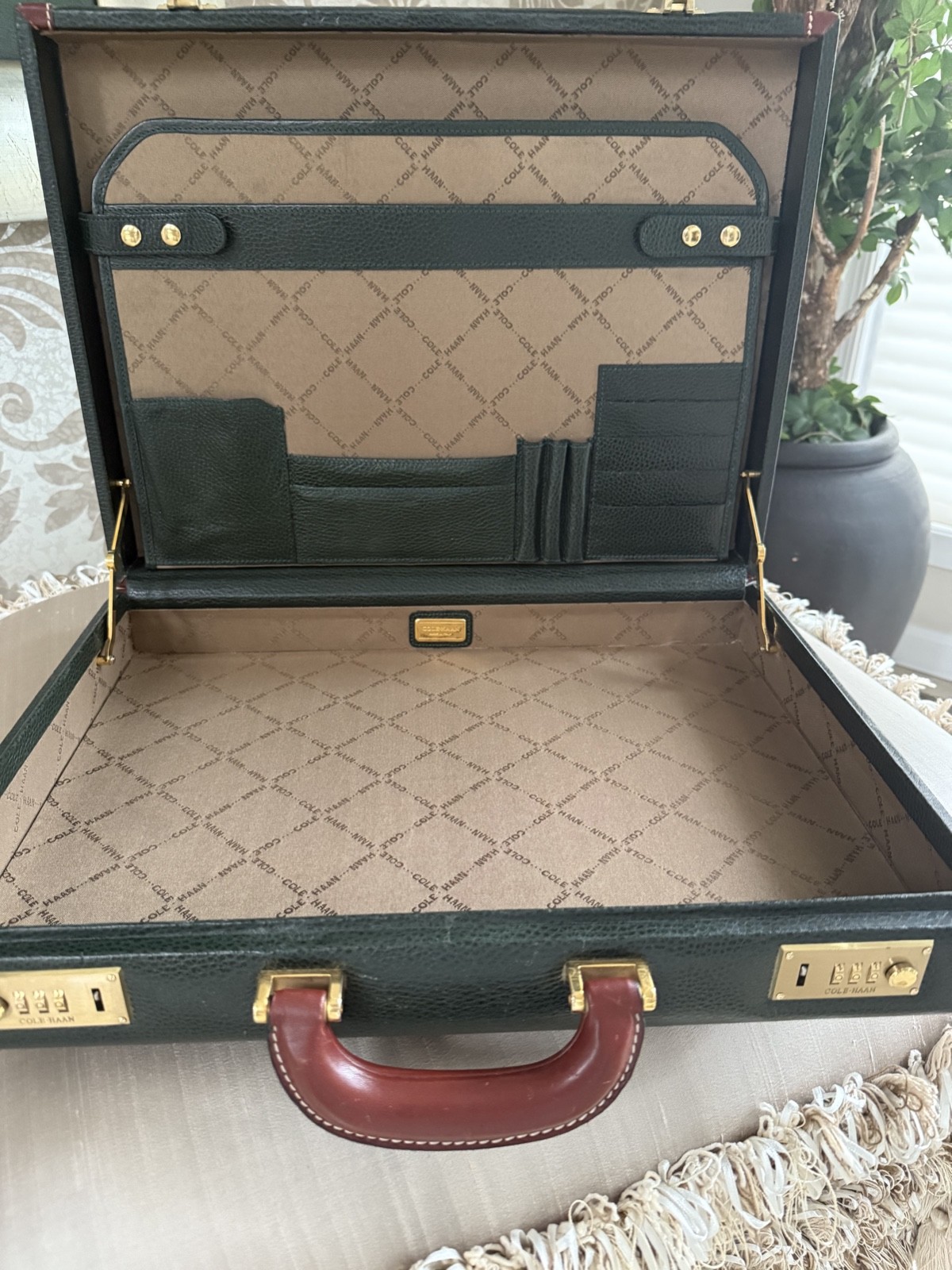 Cole Haan Leather Attache Hard Briefcase Hunter Green & Saddle Trim