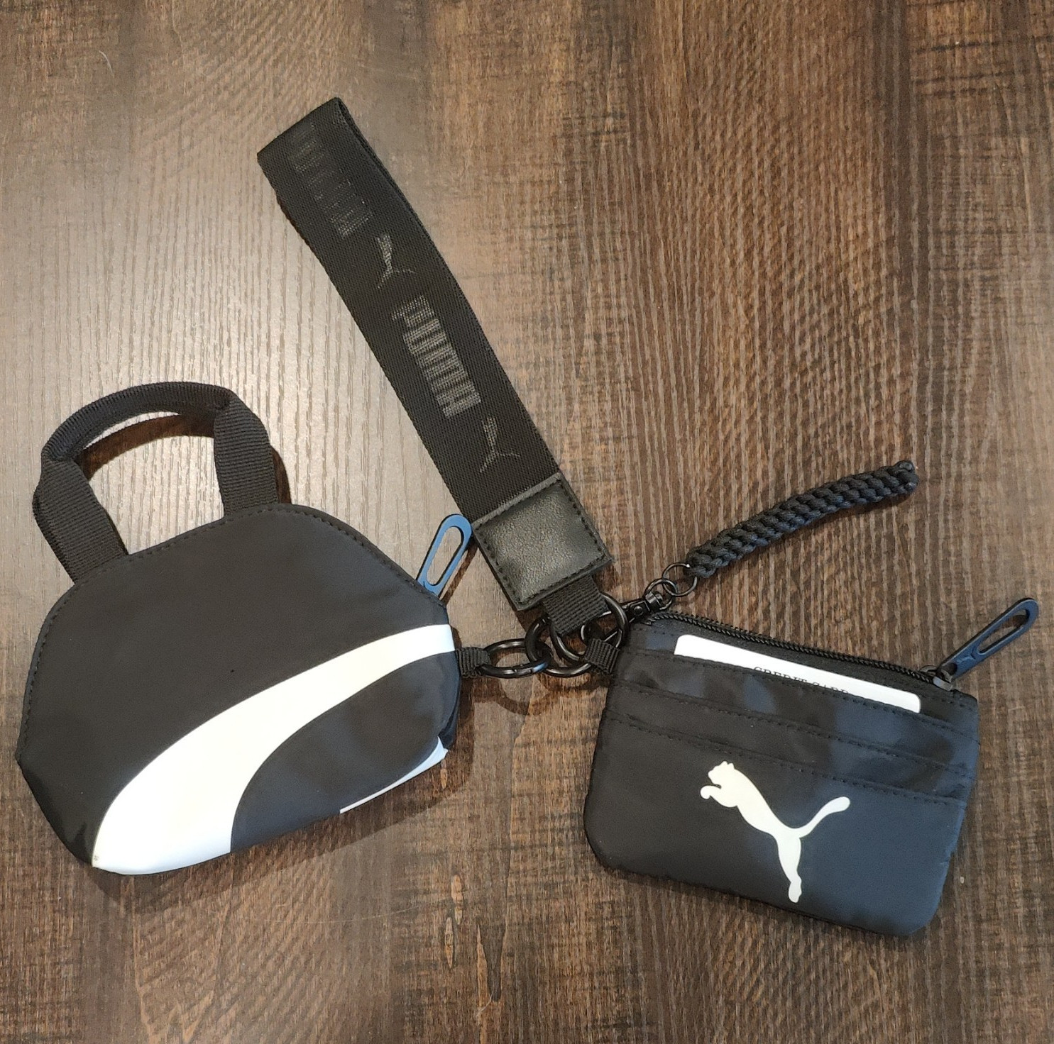 PUMA 4 Piece Set Black Zip Pouch, Card Holder Wrist Strap, lanyard keychain