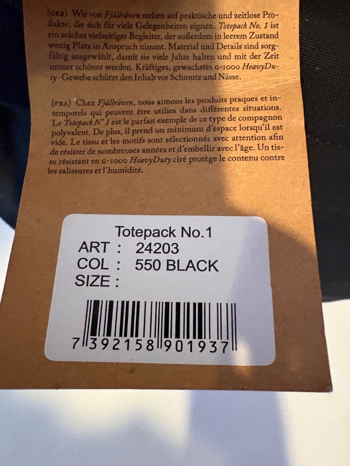 Fjallraven Totepack No. 1 Black G-1000 Heavy Duty Tote Backpack Bag New w/ Tags
