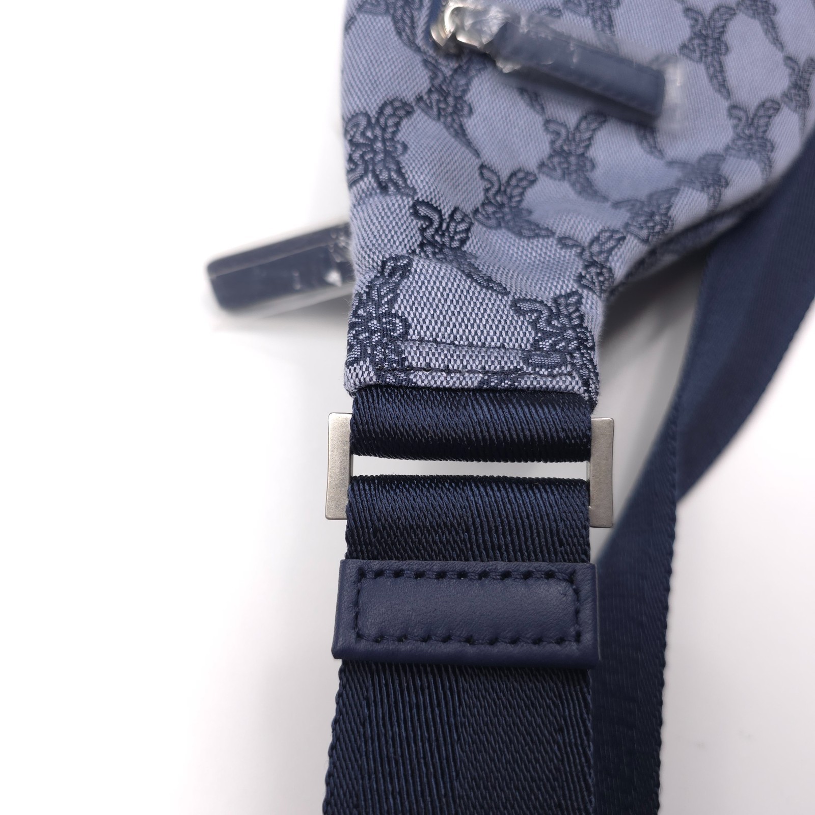 $650 MCM Himmel Lauretos Jacquard Fabric Belt Bag in Steel Blue Mens Authentic