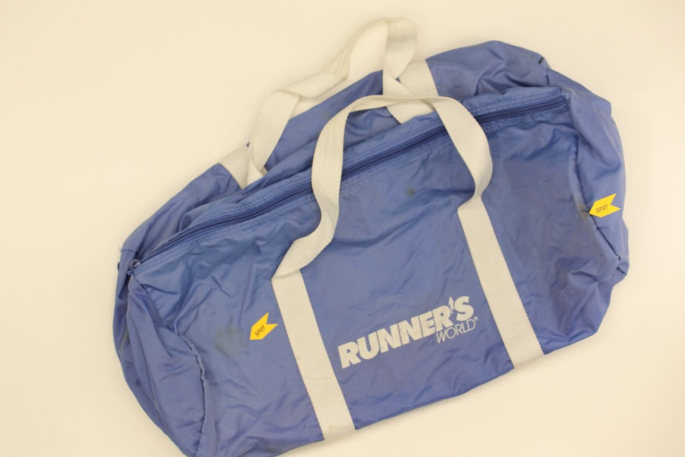 Vintage runners world duffel bag blue nylon white straps zippered
