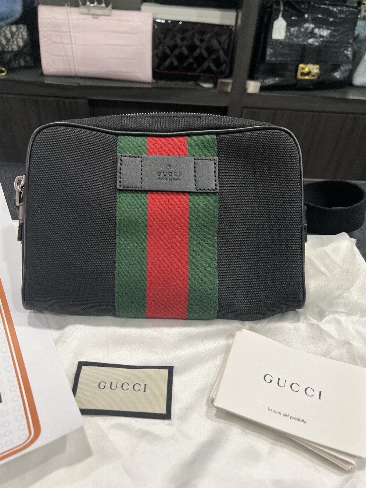 Gucci Techno Web Stripe Belt Bag W/Duster & Authenticity Retail $1400
