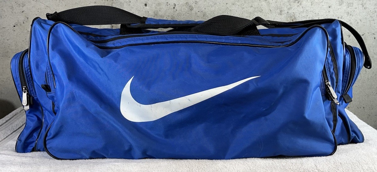 Vintage XL 90s Blue Nike Travel Duffle Gym Bag Embroidered Swoosh Logo Nylon