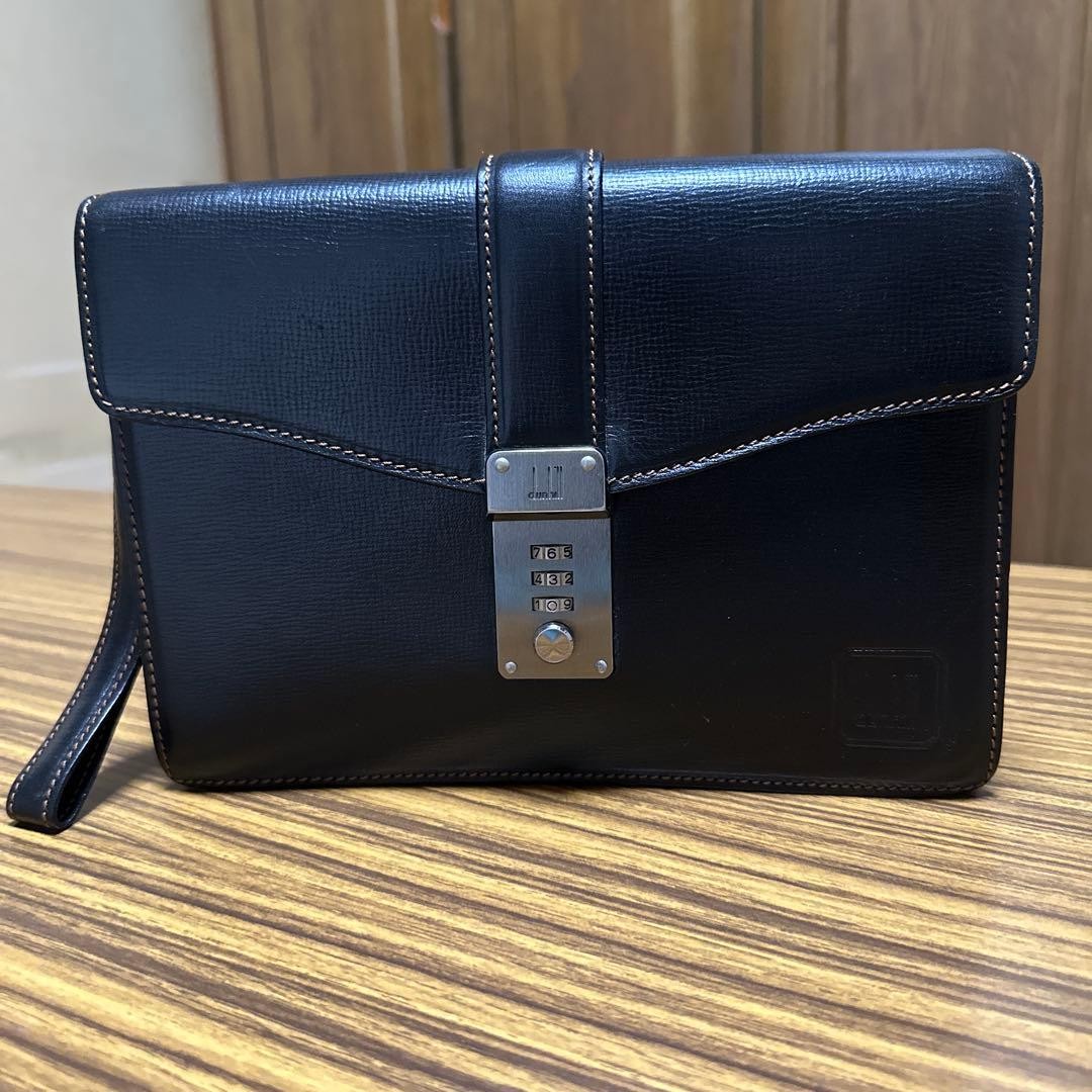 Dunhill Flap Clutch Bag Second Bag Black Leather Dial Lock Wrist Strap Men’s