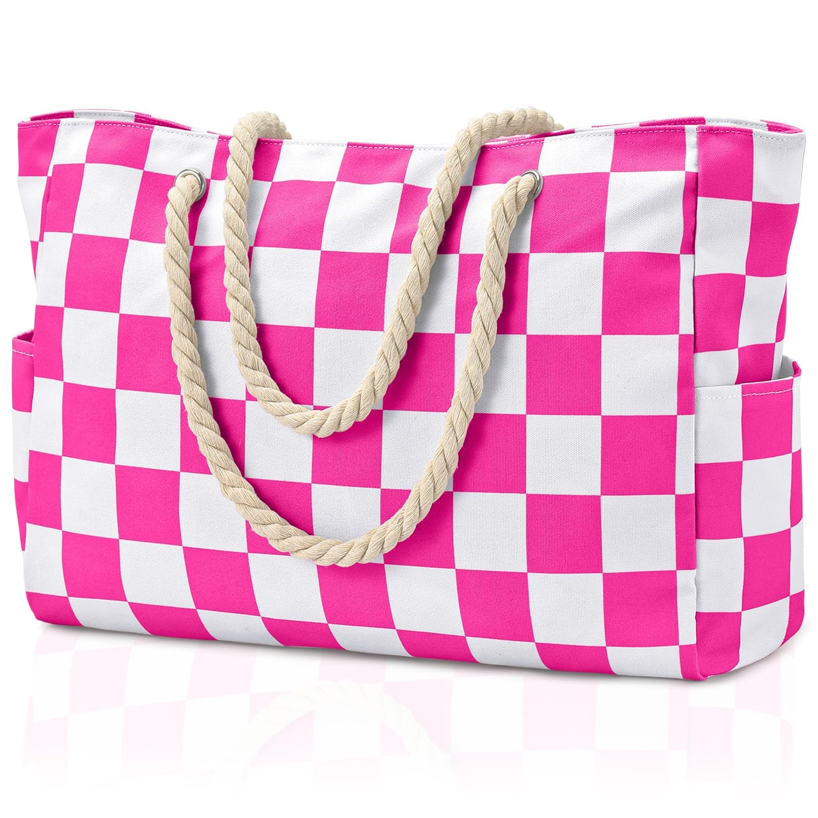 Becokan Beach Bags for Women Checkered Large Tote Large, Rose