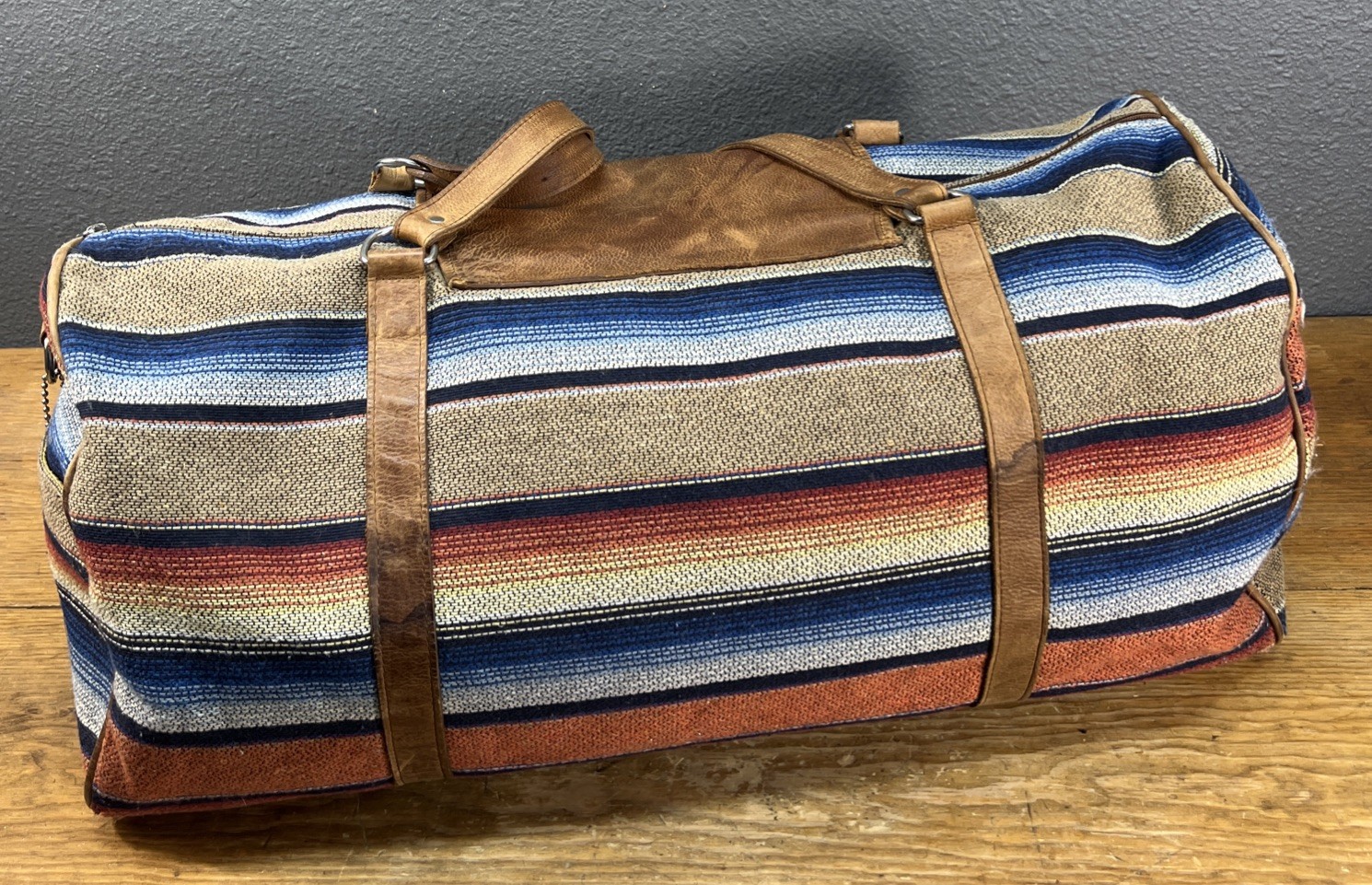 Vintage Navasota Duffle Overnight Bag Striped Teill Leather Southwest Western