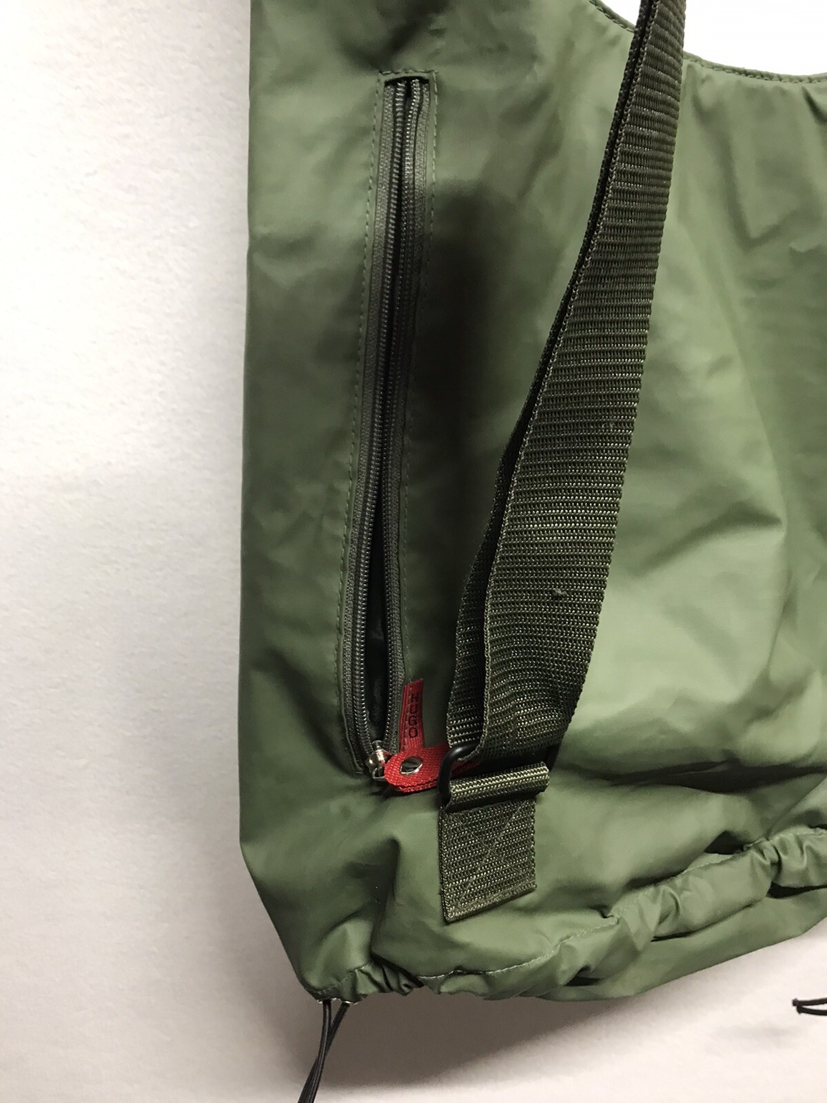Hugo Boss Army Green Back Pack Nylon PVC 15” X 14” Bungee Button