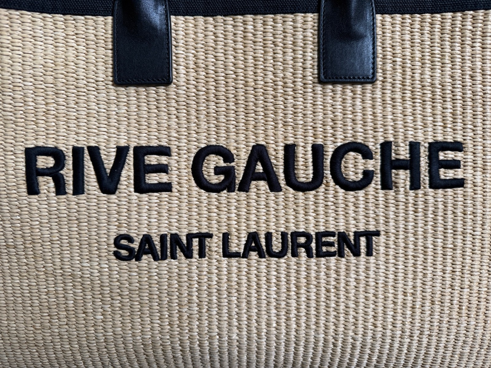 NWT Saint Laurent YSL Rive Gauche Raffia Beige Black Canvas Logo Tote Bag $3450