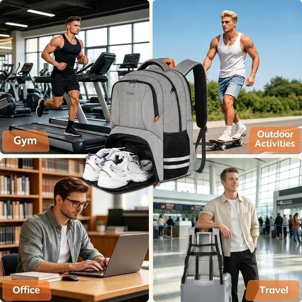 Gym Backpack with Shoe Compartment Sports Travel Bag Water Resistant Laptop Grey