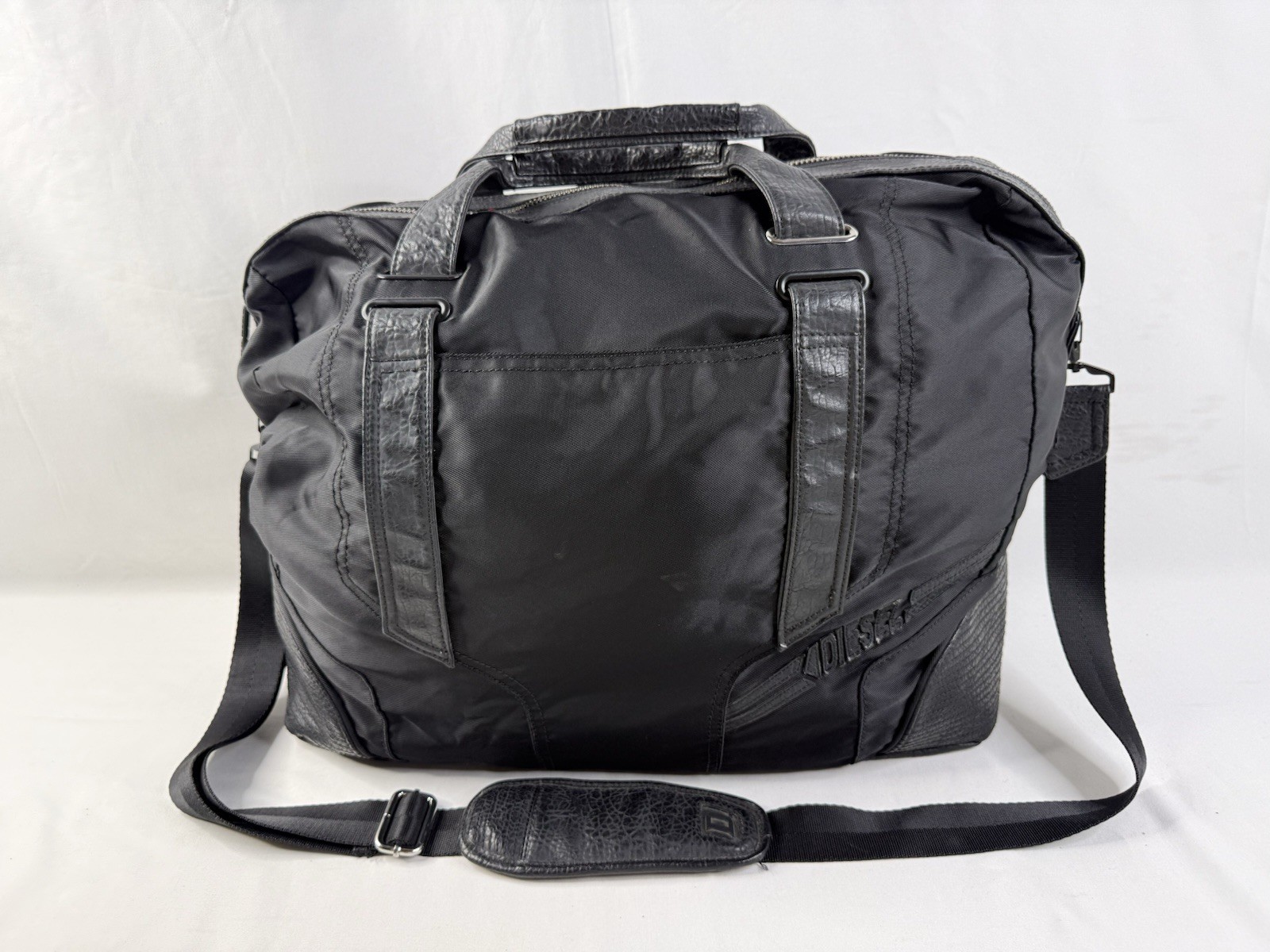 Retro Y2K DIESEL Tote Bag Large Capacity Boston Nylon Leather Black Vintage