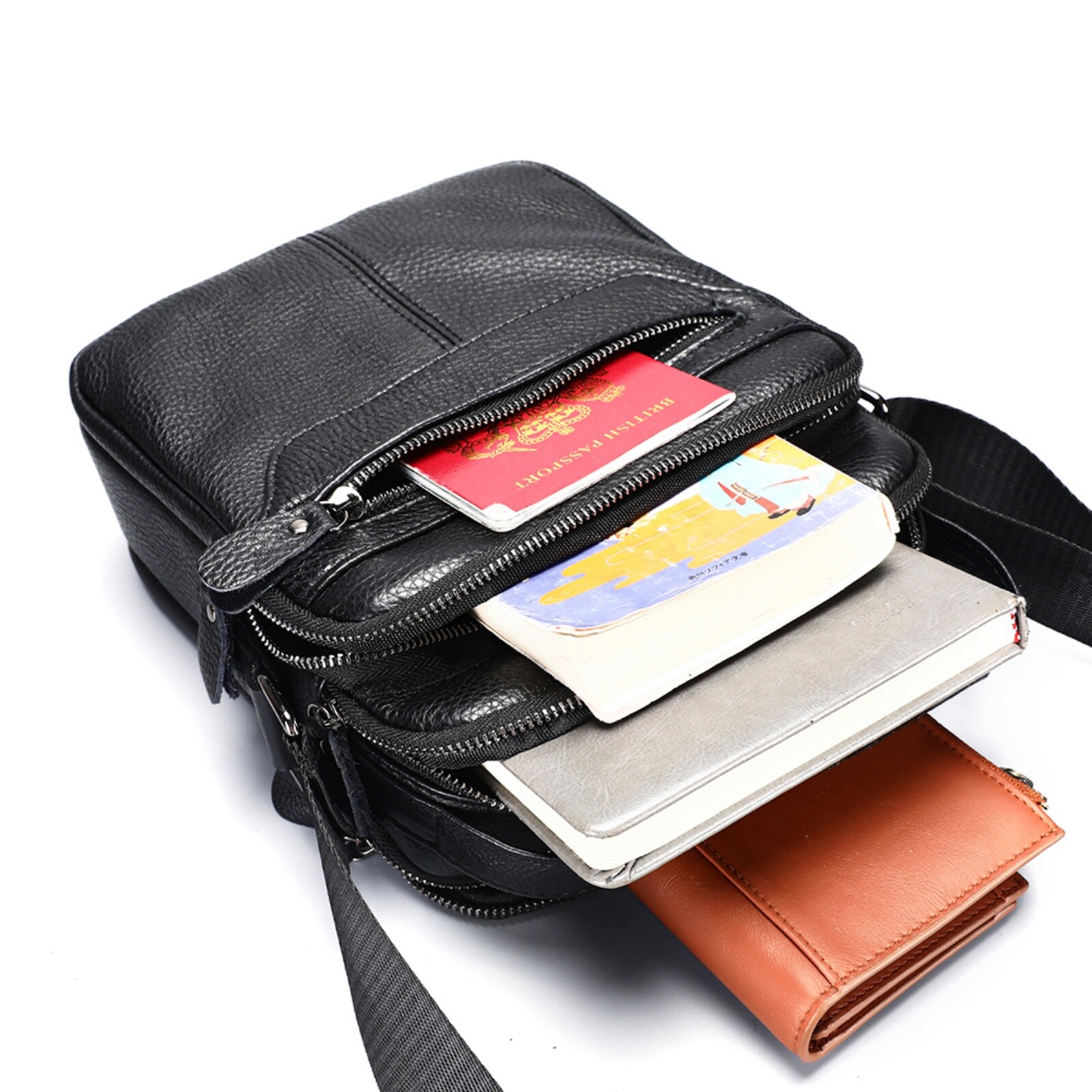 Men’s Genuine Leather Shoulder Bag Crossbody Messenger with Pockets Black