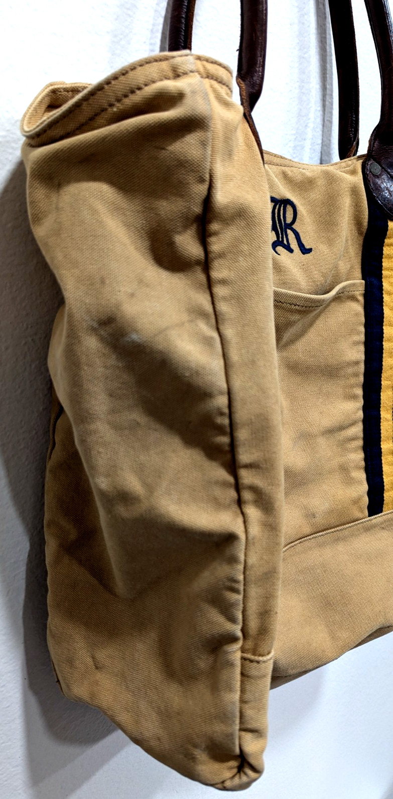 Vtg RALPH LAUREN RUGBY Tote Bag Canvas Leather Handles Shoulder Luggage Logo *