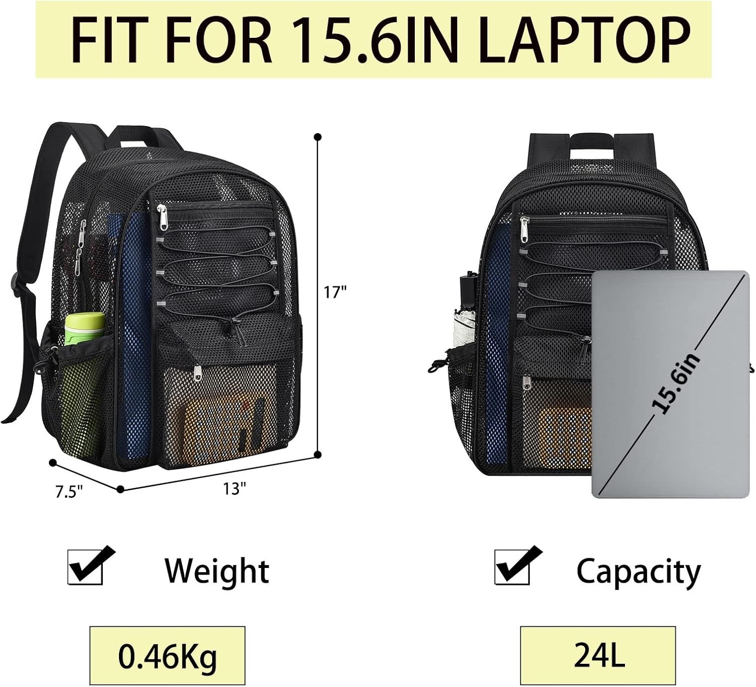Mesh Backpack Heavy Duty for School, 24L Large Bookbag 24L, Black