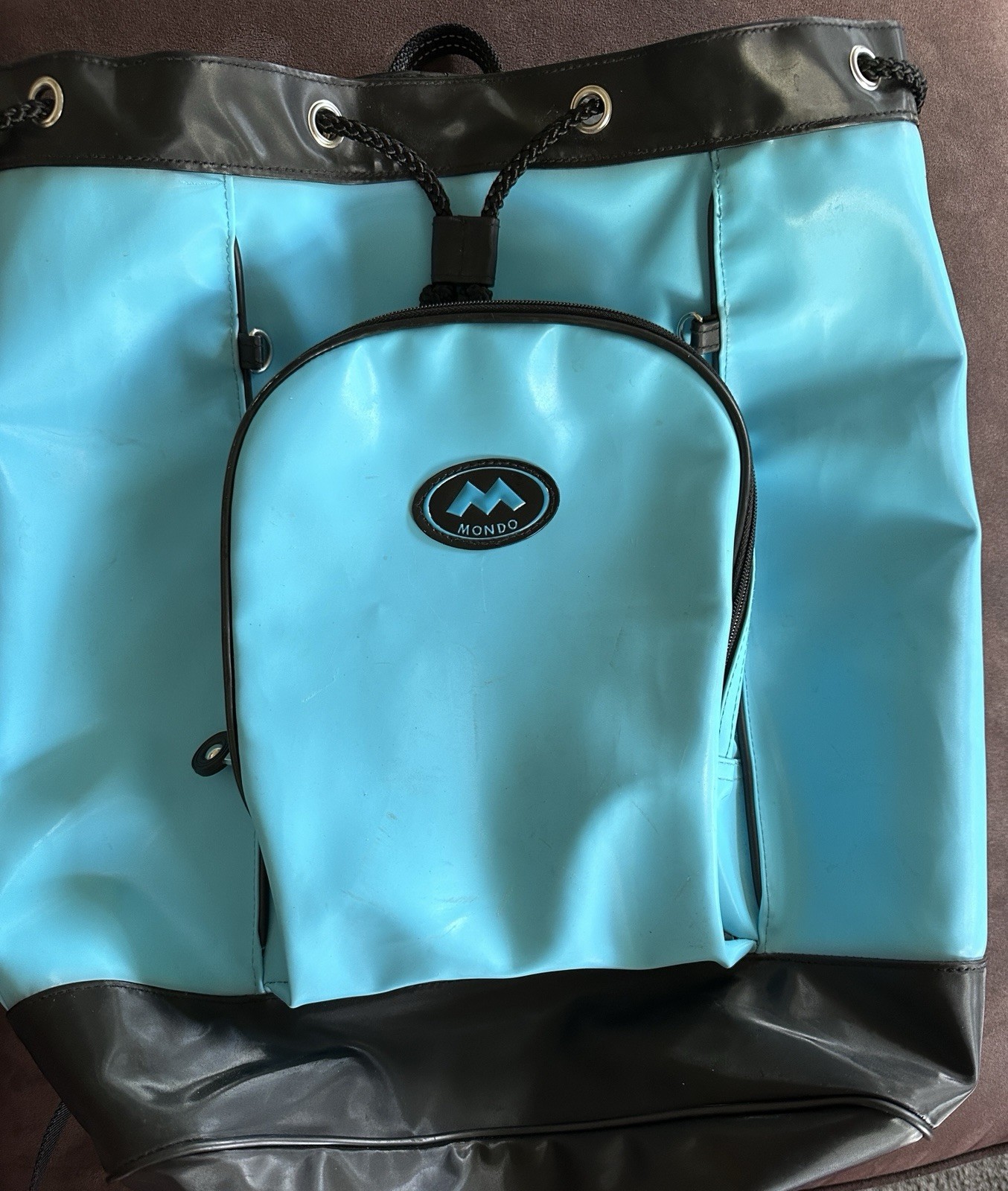 Vintage Mondo brand drawstring backpack vibrant aqua blue waterproof 90s Y2K