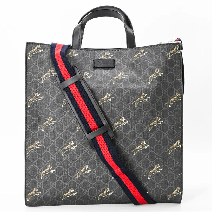 Gucci GG Supreme Tiger Webline 2way Tote Bag Shoulder Bag Crossbody PVC Black