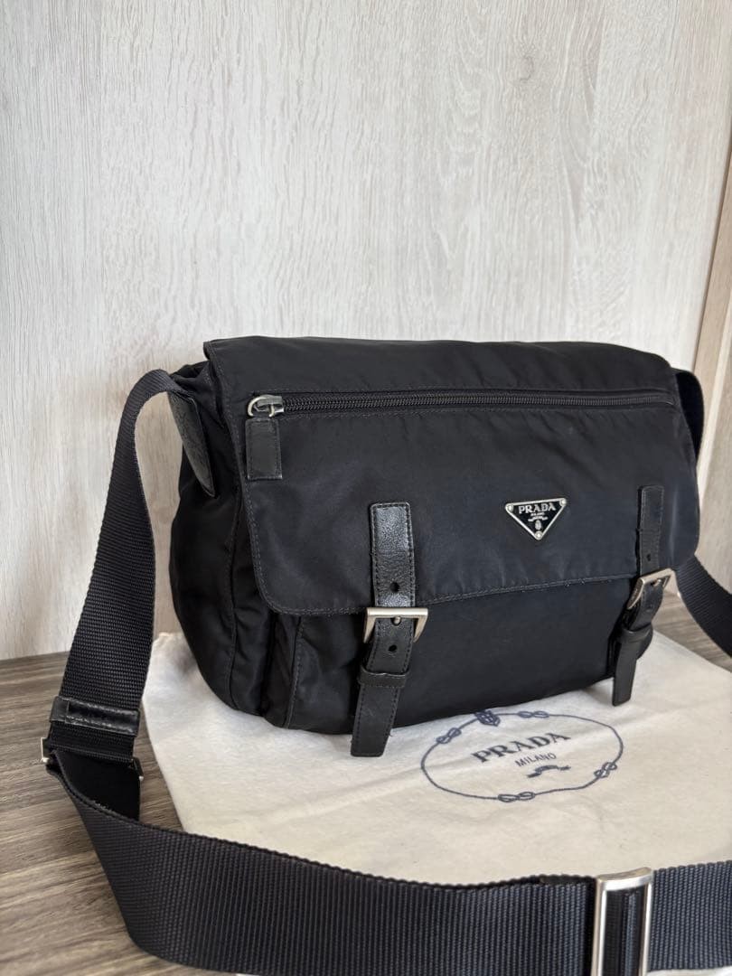 PRADA Shoulder Bag Tessuto Nylon Leather Triangle Logo Black Excellent Condition