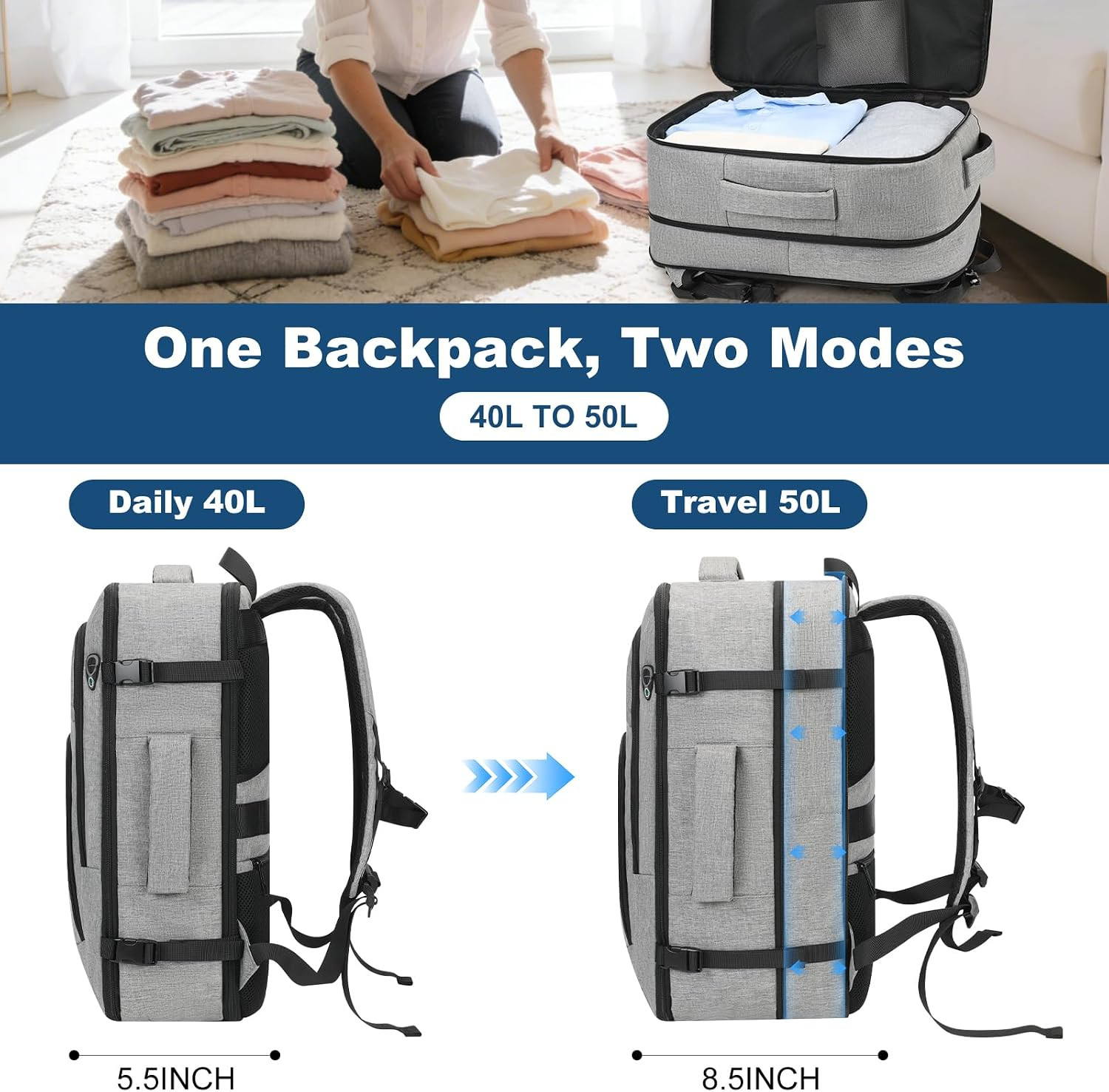 Travel Backpack,Carry on Backpack Expandable 40-50L with USB Cable Port,Fits 17.