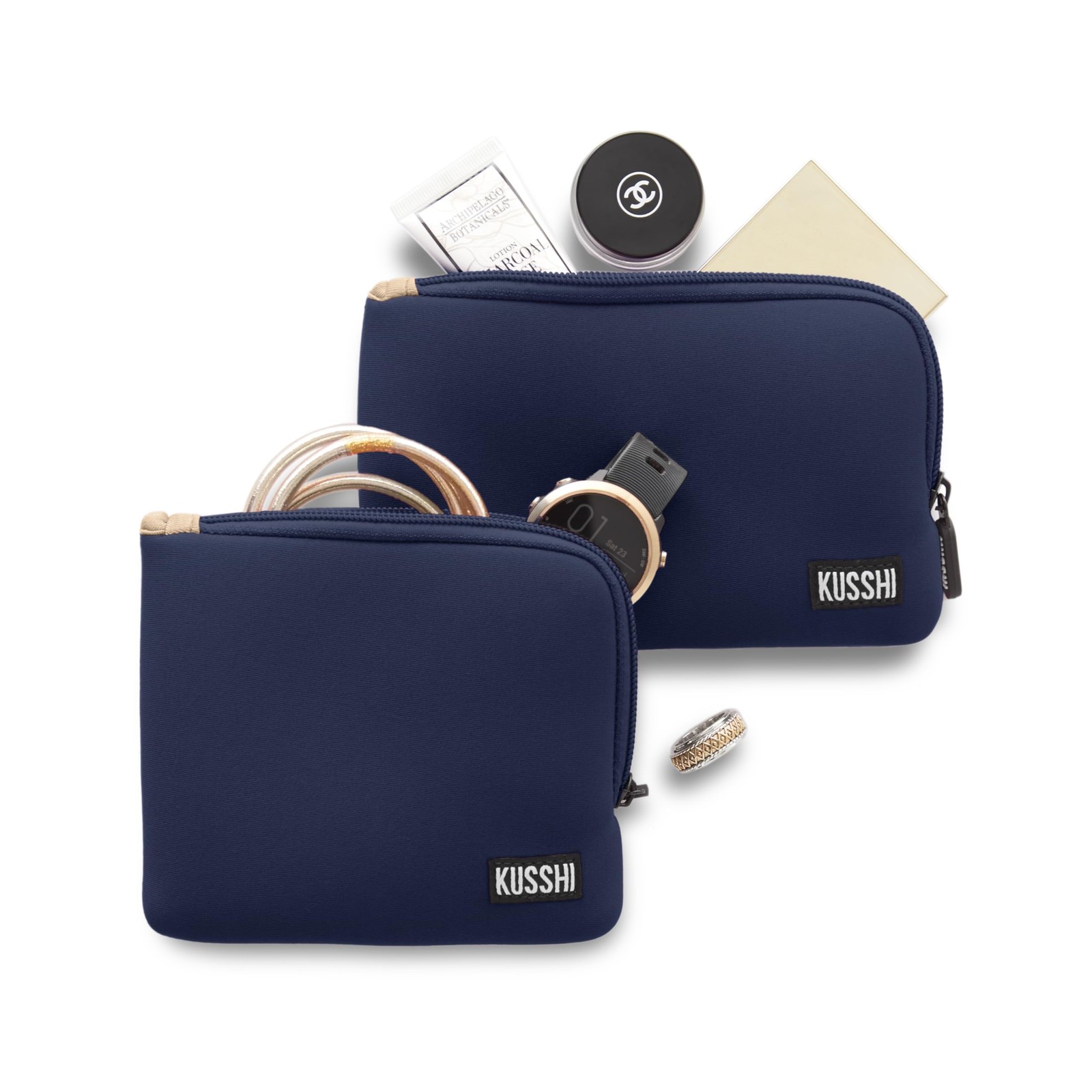 KUSSHI 2pc Neoprene On-The-Go Pouch Set – 7 x 0.5 x 3 inches, Navy/Khaki
