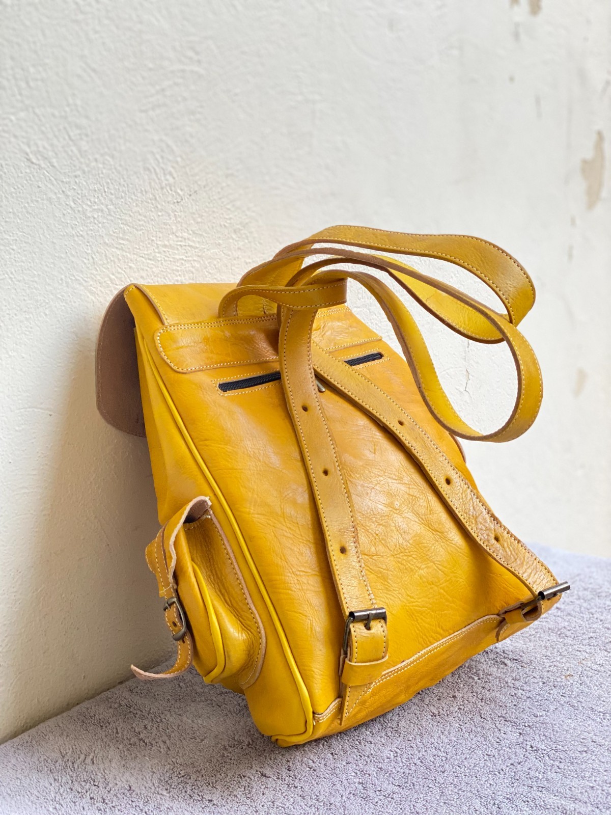 Yellow Leather Backpack Handmade Morocco Belt Buckle Front Back Pocket