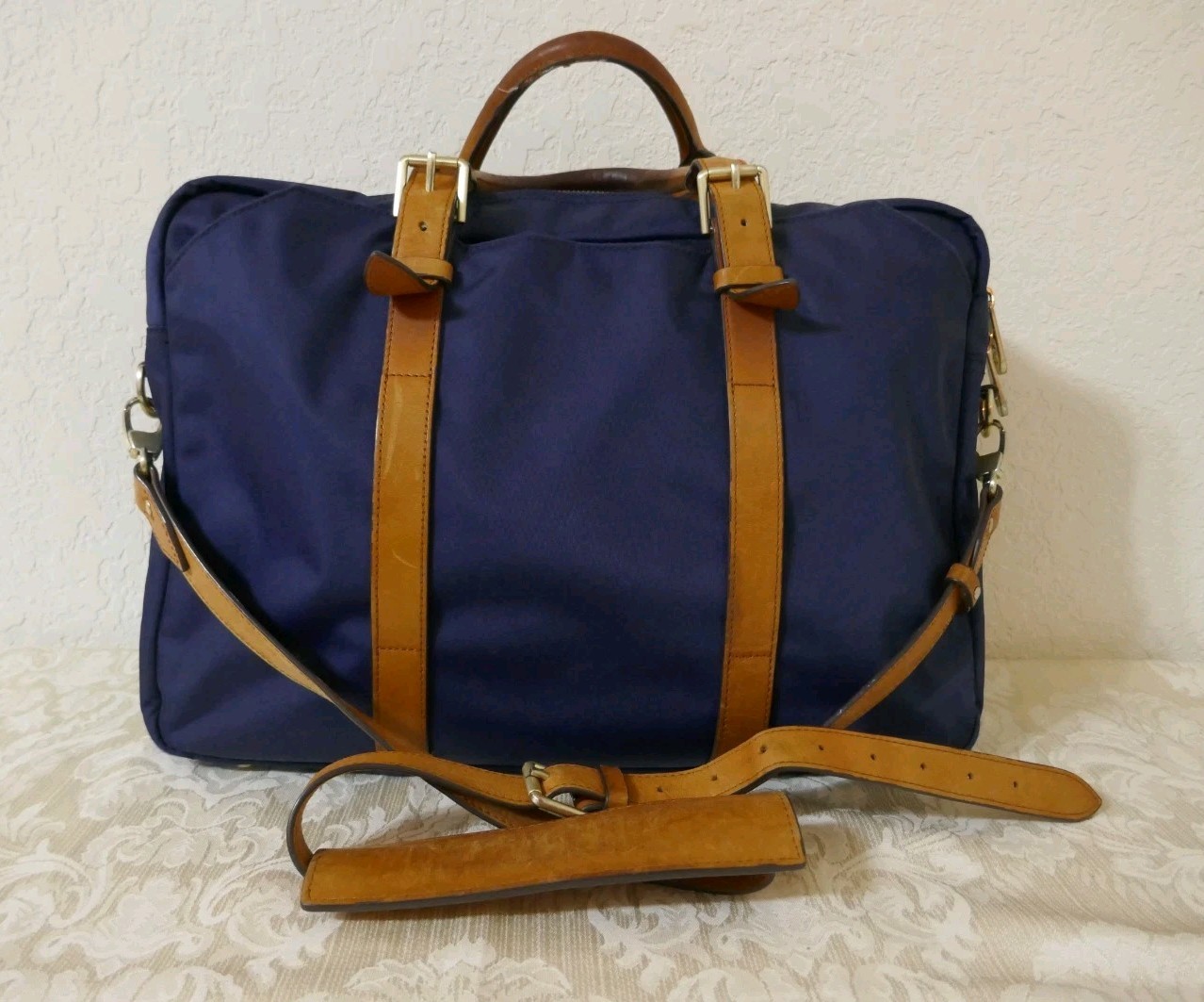 STUART O LAU The Cary Blue Nylon Briefcase Tan Leather Trim Red Interior