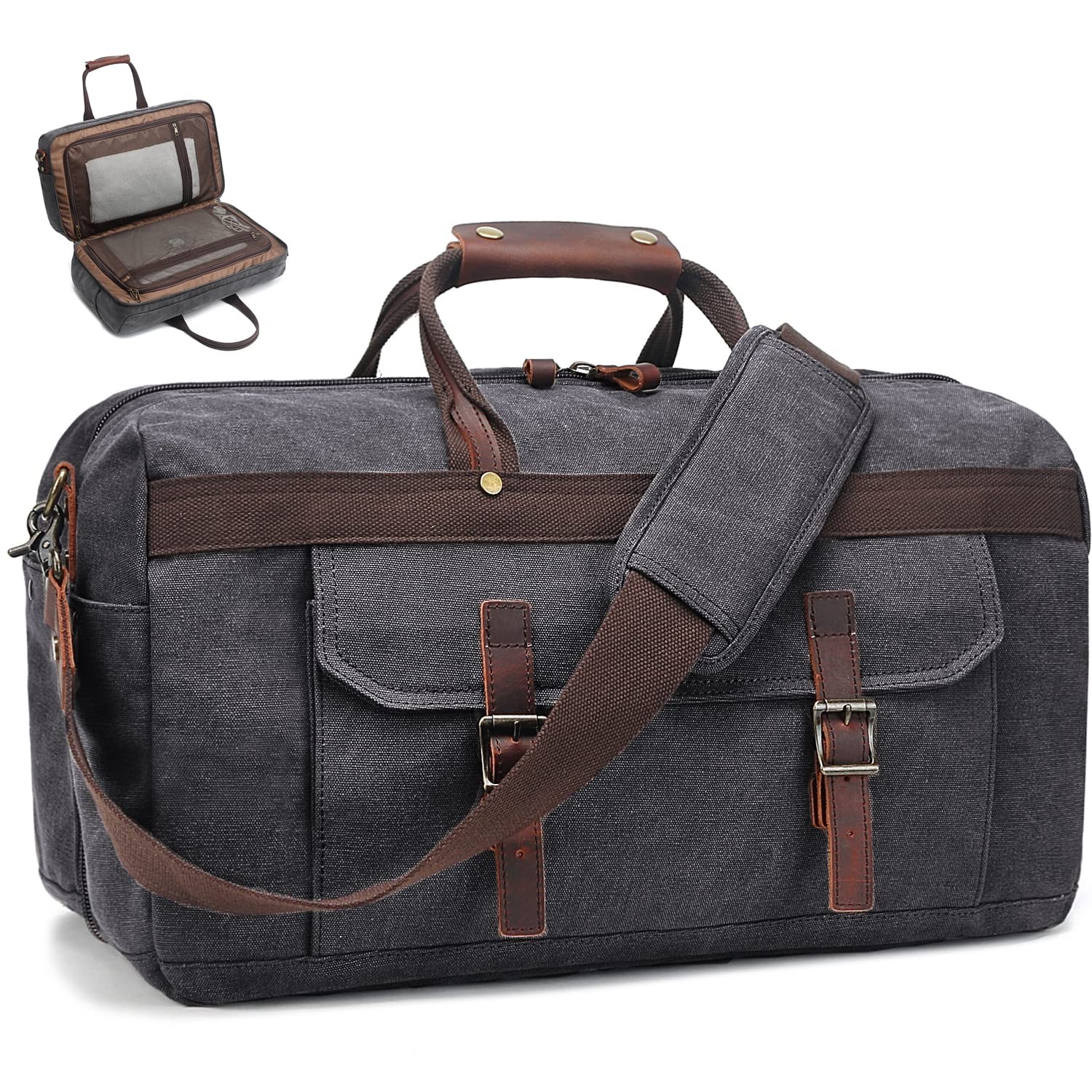 Duffle Bag for Men Waterproof Genuine Leather Canvas Travel Duffel Bags for W…