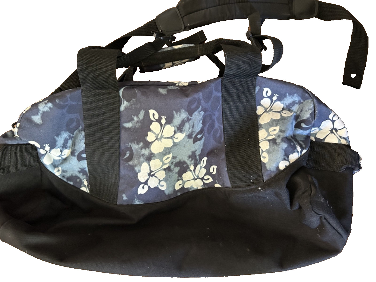 LL Bean Blue White Hibiscus Print Medium 35L Adventure Duffle Carry On Bag EUC