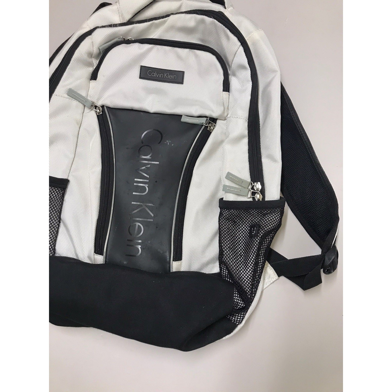Calvin Klein Backpack Silver Black Laptop Bookbag Multi Pocket School $139.50
