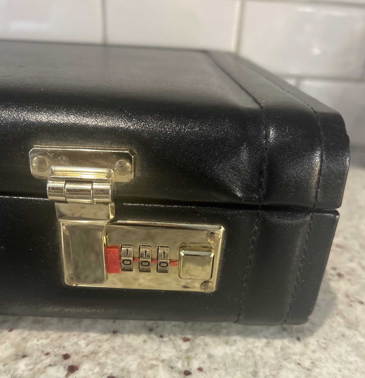 Vintage Black Leather Attache Briefcase with A Lock Dual Push Mechanism