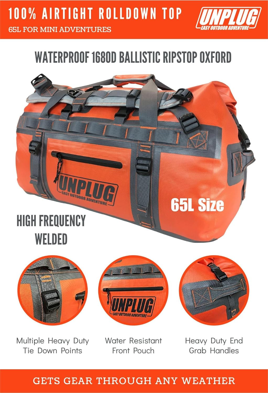 UNPLUG Ultimate Adventure | 1680D Heavy Duty Waterproof Bag | Large Travel Bag W