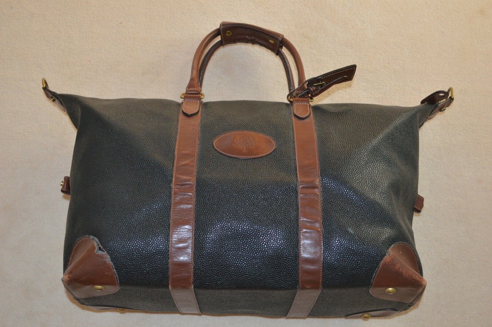 Mulberry Vintage Navy Scotchgrain Leather Zip Medium Holdall Weekend Carry Bag