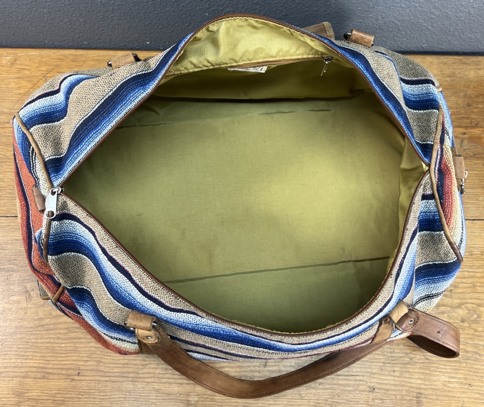 Vintage Navasota Duffle Overnight Bag Striped Teill Leather Southwest Western
