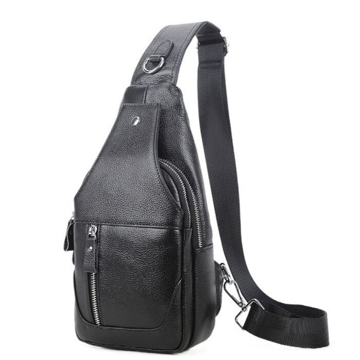 Genuine Leather Sling Backpack, Black Men‘s Crossbody Chest Bag Causal Daypack