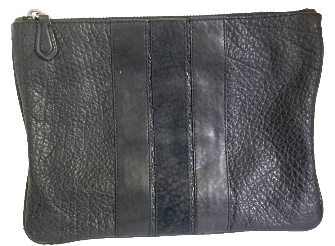 COACH MEDIUM POUCH WITH VARSITY STRIPE F22499 BLACK LEATHER FULL LINING *flaw*