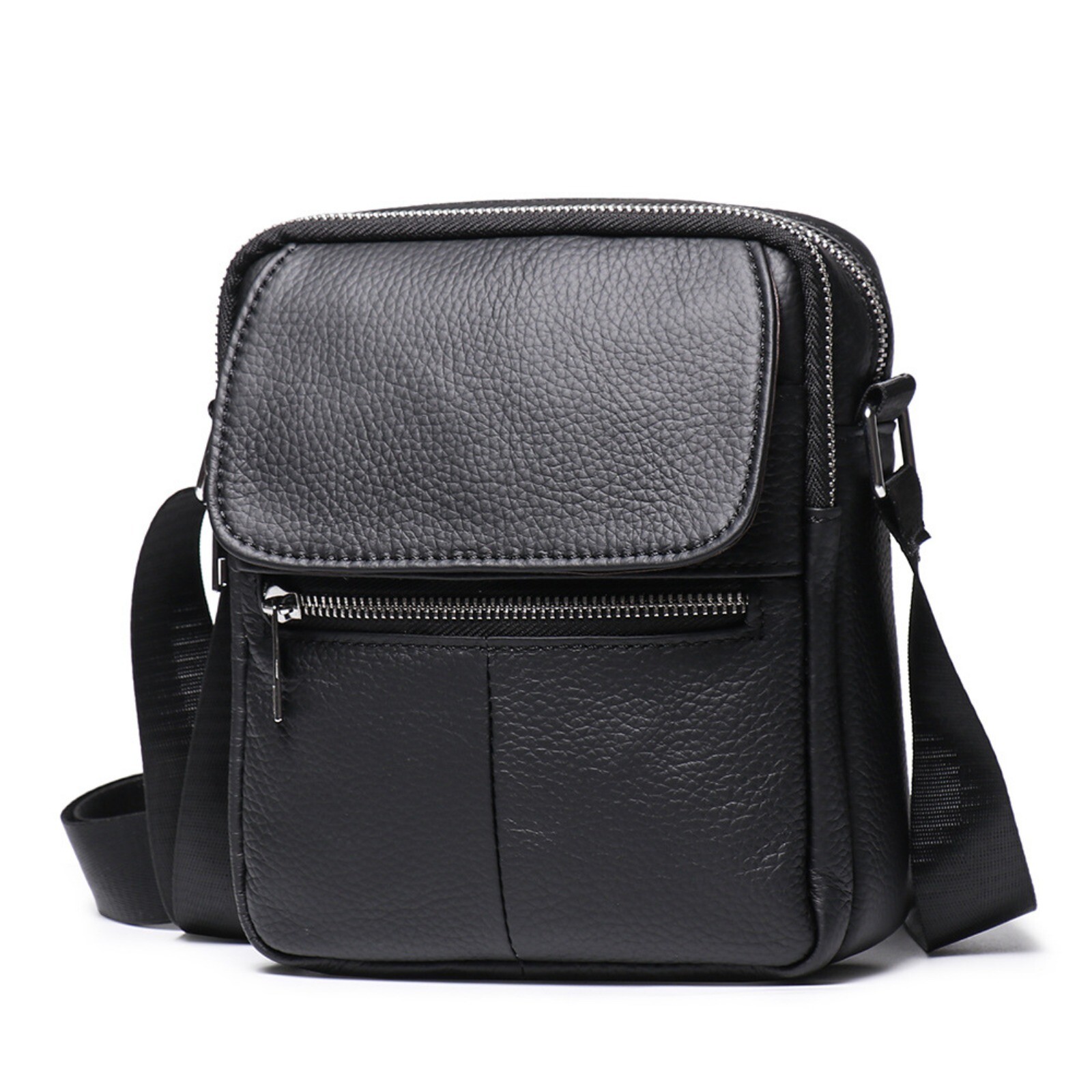 Men’s Leather Shoulder Bag Small Crossbody Multi-Pocket Travel Bag Black