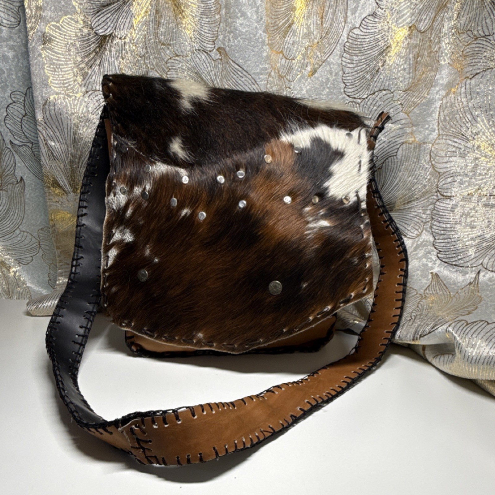 Handmade Cowhide Messenger Bag Shoulder Strap Hand-Stitched Western Animal Print